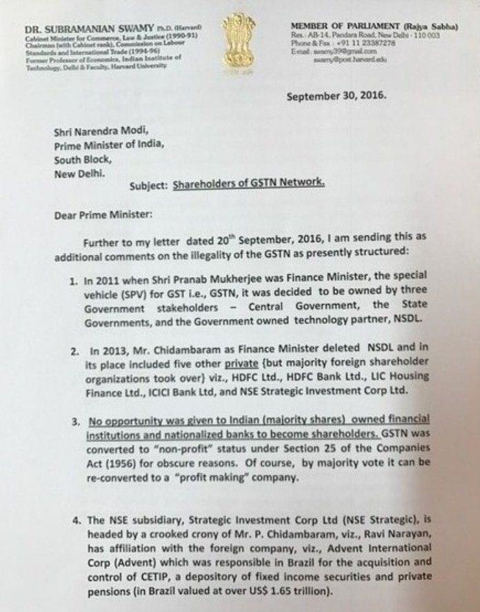Page 1 of SS Letter to PM on GSTN
